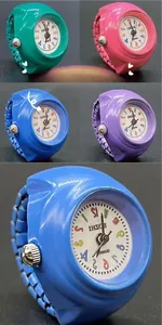 Detail view of four-color candy-style finger watch rings with flexible stretch bands