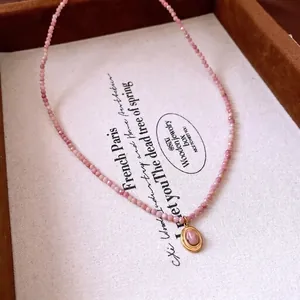 French Vintage Rhodochrosite Pink Beaded Necklace Titanium Steel Oval Pendant Elegant Women Jewelry