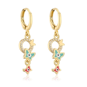 Detail of 18K gold geometric hoop earrings with evil eye butterfly and star charms
