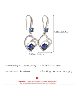 Detailed size chart for blue heart earrings with 3.7cm length and silver copper finish