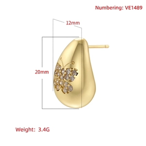 Gold teardrop stud earrings with cubic zirconia butterfly design, size 20mm x 12mm