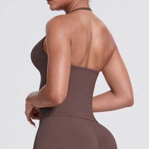 Brown seamless backless yoga set with halter sports top and high waist leggings for women