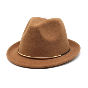 Detail of wool fedora hat featuring black leather band and curved gold metal buckle