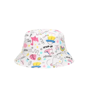 White cotton baby sun hat with colorful cartoon unicorn and rainbow prints