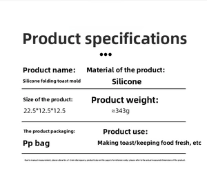 Specifications of collapsible silicone toast mold measuring 22.5x12.5x12.5 cm and 343g
