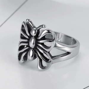 Vintage hollow butterfly ring with oxidised silver finish and gothic retro knuckle style