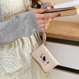 Minimalist beige dog embroidery card holder wallet with lanyard for women