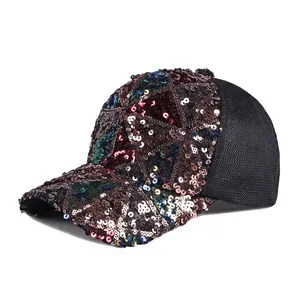 Colorful sequin baseball cap for women with breathable black mesh and curved brim