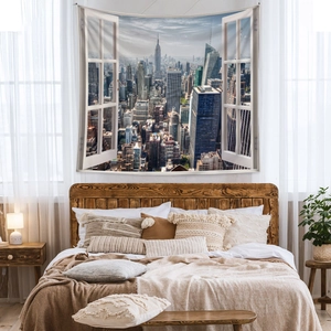 Detail of 3D window view tapestry showing Manhattan New York skyline on bedroom wall