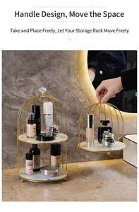 Detail of luxury gold iron birdcage organizer with marble base for bathroom skincare