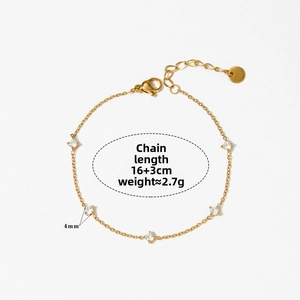Detailed view of gold stainless steel bracelet with 4mm zircon stones and sizing info