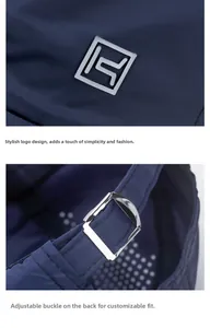 Detail of silver geometric logo and adjustable metal buckle on navy quick-dry sports cap