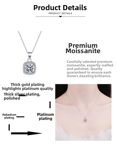 Detail of square moissanite pendant with multi-layer plating and O-chain on model