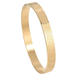 Polished 6mm gold stainless steel bangle with classic Roman numeral engraving design