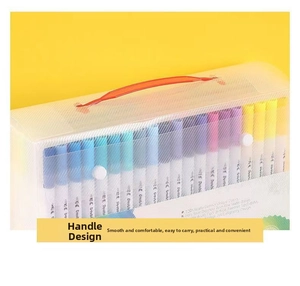 Detail of 120-color dual-tip watercolor markers in a portable storage box with red handle