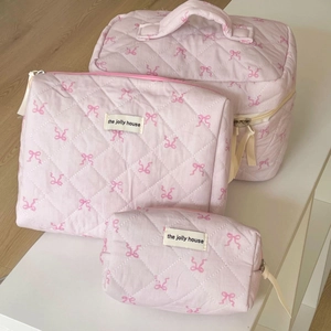 Trousse De Toilette En Coton Matelassé Motif Nœud Rose Organisateur De Maquillage Esthétique Doux Pour Voyage