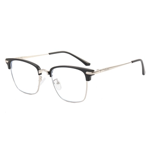 Retro half-frame business eyeglasses in black and silver shown from a 45-degree angle