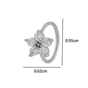 Macro view of 20G silver titanium flower nose stud with clear crystals and dimensions