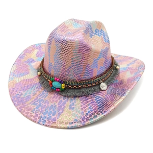 Chapeau de cowboy holographique à motif serpent avec turquoise et franges perle