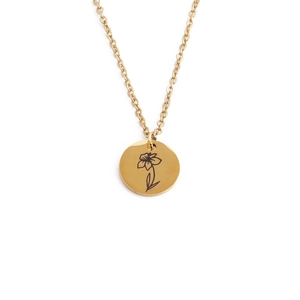 Gold stainless steel necklace featuring a circular pendant with flower engraving