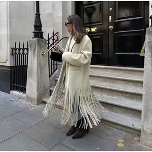 Trench Lungo Da Donna Poliestere Collo A Revers Orlo Con Frange Tinta Unita Capispalla Elegante Moda