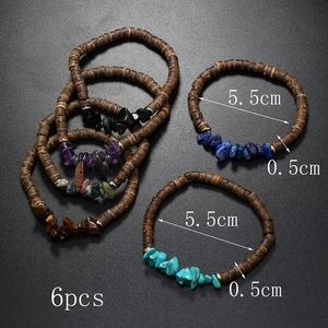 Detail view of 6-piece bohemian natural stone and coconut shell bead bracelets set
