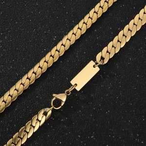 Polished gold stainless steel Cuban link necklace with customizable rectangular tag