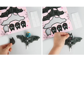 Detail showing the assembly steps for black bat lollipop decoration cards for Halloween