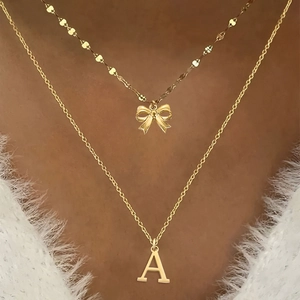 Stainless Steel Double Layer Bowknot Initial Pendant Necklace Gold Silver A-Z Alphabet Clavicle Chain Jewelry For Women