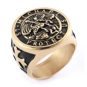 Gold St. Michael archangel signet ring for men with black enamel and protection motto
