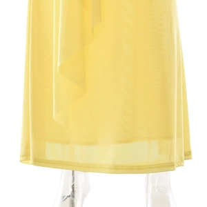 Detailed macro view of the double-layered yellow mesh skirt with fine ruffled hem stitching