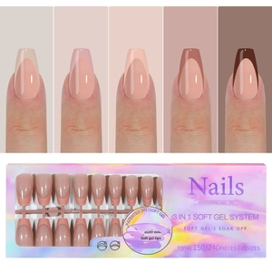 Detail of 3 in 1 soft gel nail tips kit with 15 sizes in professional packaging