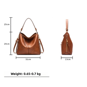 Brown PU hobo bag dimensions 31x29x13cm showing handle height and weight specs