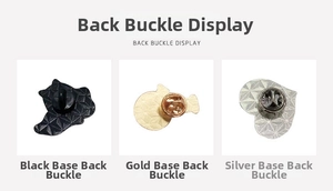 Detail of metal pin backs in black, gold, and silver finishes with non-slip texture