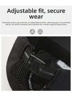 Close-up of the adjustable back buckle and breathable mesh fabric on this black sports cap