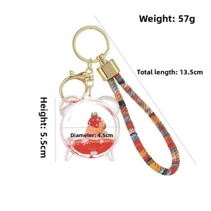Detail view of 57g Capybara liquid oil bottle keychain with measurements and strap