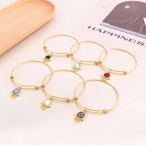 Adjustable Bangle Bracelet Stainless Steel Hamsa Hand Charm With Colorful Glass Rhinestone Fashion Jewelry For Women