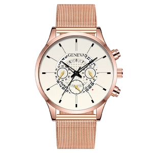 Fashionable men's quartz watch with rose gold mesh strap and cream dial in a studio shot