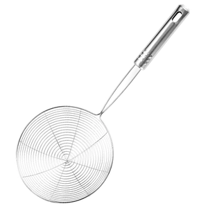 Stainless steel mesh spider strainer with long wire handle for frying and cooking