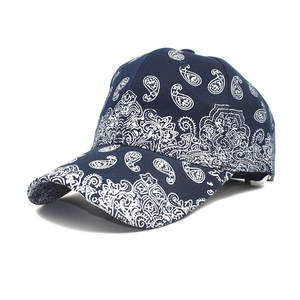 Classic navy blue baseball cap with white Paisley print and curved brim for men and women