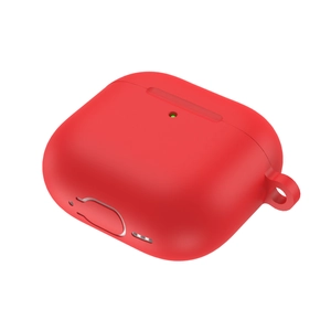 Detail view of red silicone case for AirPods 4 with precise cutouts for charging and LED