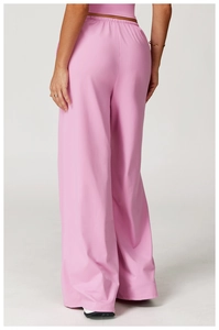 Rear view of pink high-waist wide-leg lounge pants with elastic drawstring waist detail