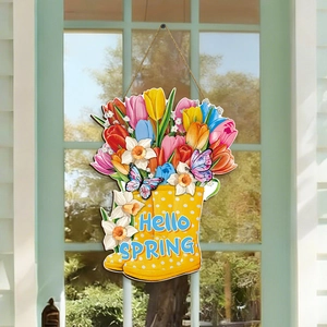 Hello Spring wooden door sign with yellow polka dot boots and colorful tulips