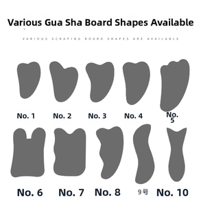 Macro shot showing 10 different ergonomic shapes of natural jade Gua Sha massage tools