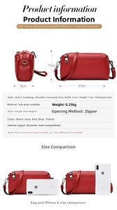 Detail view of red genuine leather bag showing 21x11x6 cm dimensions and litchi texture