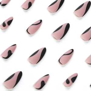 Matte nude pink almond press-on nails with minimalist black abstract fluid line art