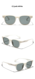 Three-angle views of Jade White square sunglasses with silver metal temple accents