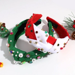 Christmas knotted headband set with pearls and rhinestones in festive green and red colors