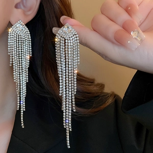 Sparkling long tassel earrings with silver geometric studs and shimmering cubic zirconia