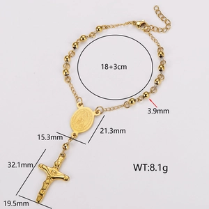 18k gold plated stainless steel rosary bracelet with Virgin Mary medal and cross charm